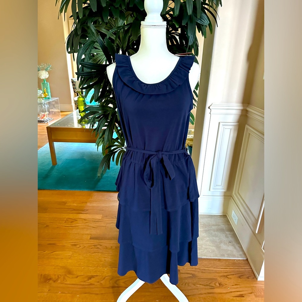 💙💕NWT Hanna Andersson Navy Blue Knit Ruffle Tier Knit Belted Dress M💙💕